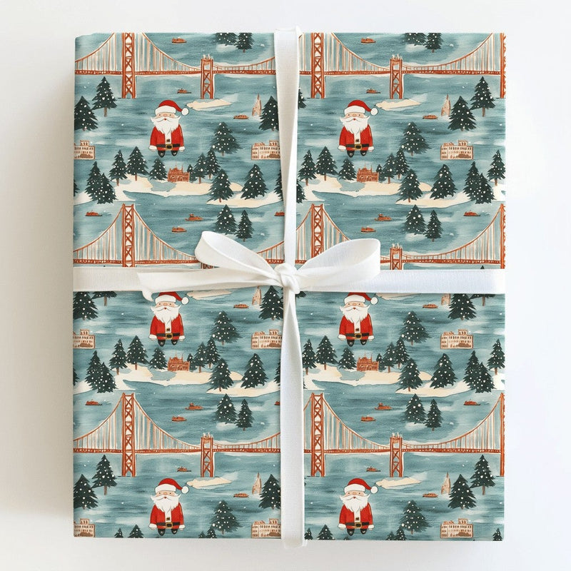 Golden Gate Bridge Gift Wrap, San Francisco Santa Wrapping Paper, Teal Blue City Christmas Wrapping Paper, Festive Winter Holiday Gift Wrap