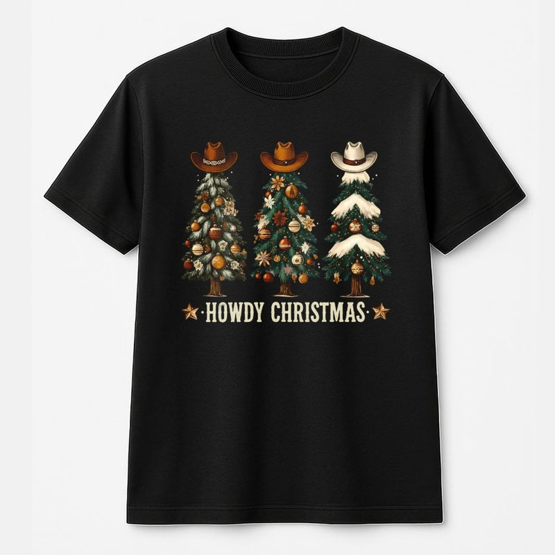 Western Cowboy Hat Christmas Shirt, Howdy Christmas T-Shirt, Country Xmas Tree Graphic Tee, Retro Western Christmas T-Shirt, Holiday Present