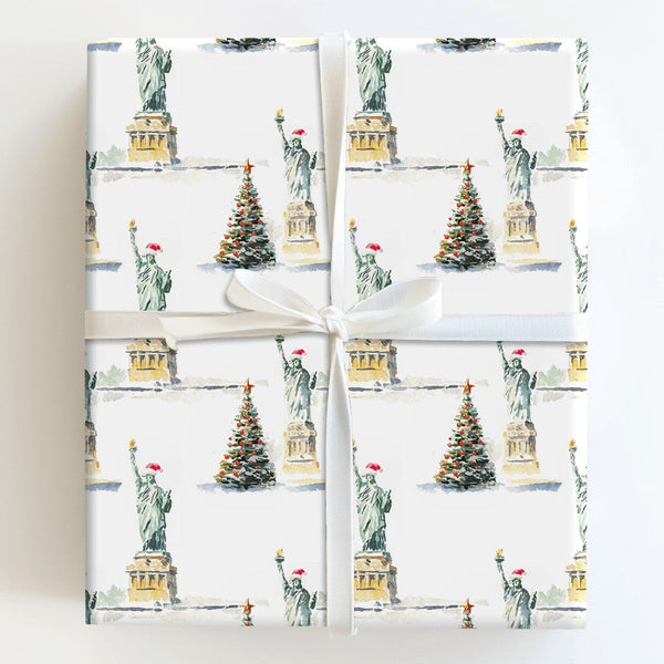 NYC Christmas Tree Gift Wrap, Statue of Liberty Wrapping Paper, New York Holiday Wrapping Paper, Watercolor City Winter Prese