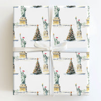 NYC Christmas Tree Gift Wrap, Statue of Liberty Wrapping Paper, New York Holiday Wrapping Paper, Watercolor City Winter Present Paper