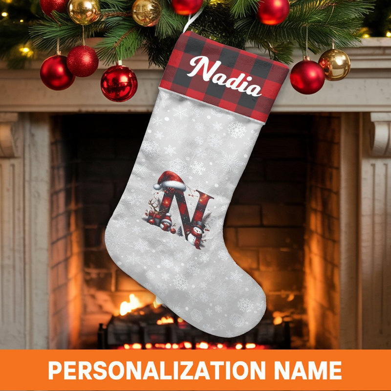 Custom Name Holiday Stocking, Personalized Buffalo Plaid Initial N Christmas Stocking, Velboa Fireplace Stocking, Rustic Xmas Family Present