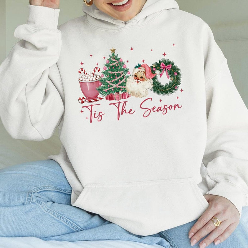 Retro Coquette Santa Hoodie, Tis the Season Christmas Hoodie, Adorable Aesthetic Santa Pullover Hoodie, Winter Holiday Hooded Sweatshirt