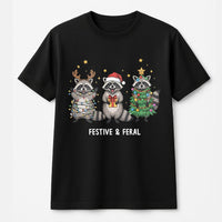 Humorous Christmas Animal T-Shirt, Festive and Feral Raccoon T-Shirt, Retro Holiday Graphic Tee, Adorable Xmas Trash Panda Graphic T-Shirt Present
