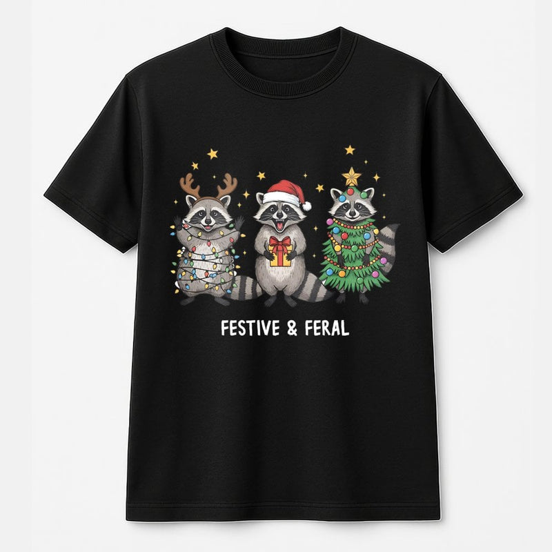 Humorous Christmas Animal T-Shirt, Festive and Feral Raccoon T-Shirt, Retro Holiday Graphic Tee, Adorable Xmas Trash Panda Graphic T-Shirt Present