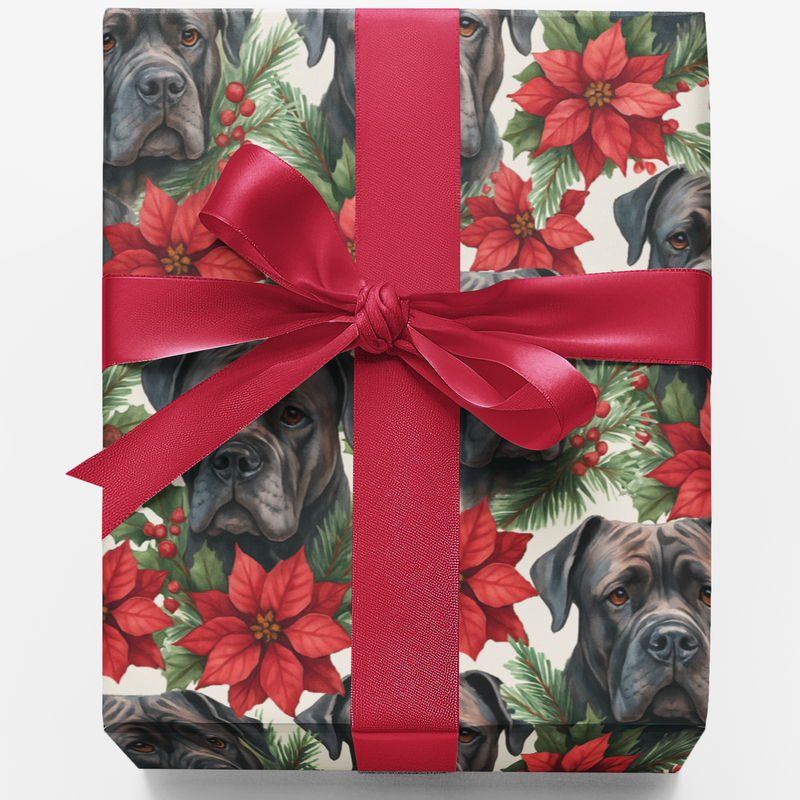 Poinsettia Dog Gift Wrap, Cane Corso Christmas Wrapping Paper, Holiday Dog Wrapping Paper, Cane Corso Gift Wrap, Dog Lover Xmas Paper Roll