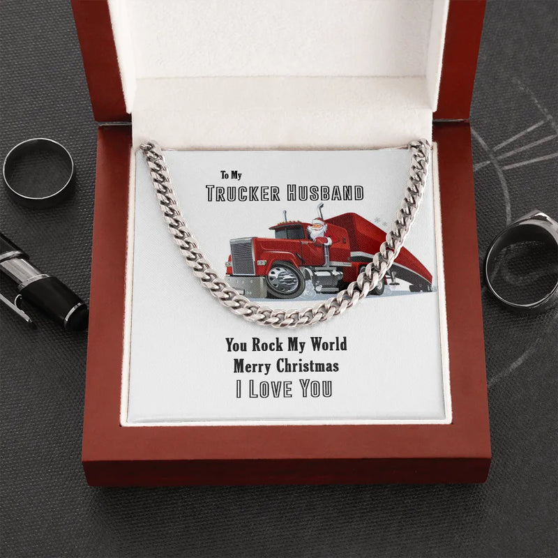 Mens Cuban Link Necklace, Trucker Husband Cuban Link Chain Necklace, Truck Driver Cuban Chain Jewelry, Santa Christmas Present for Husband