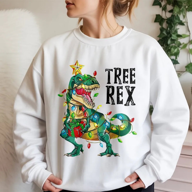Humorous Dinosaur Christmas Sweatshirt, Tree Rex Christmas Sweatshirt, Adorable Dino Holiday Graphic Crewneck, Ugly Xmas Tree Rex Sweatshirt