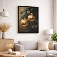 Golden Christmas Ornaments Digital Wall Art | Vintage Pine Branch Oil Painting Style | High-Quality Printable Artwork | Elegant Holiday Home Decor Present