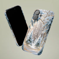 Snowy Pine Forest with Gold Swirl Phone Cover, Winter Wonderland iPhone Case, Christmas Holiday Tough Case, Winter Scene Present