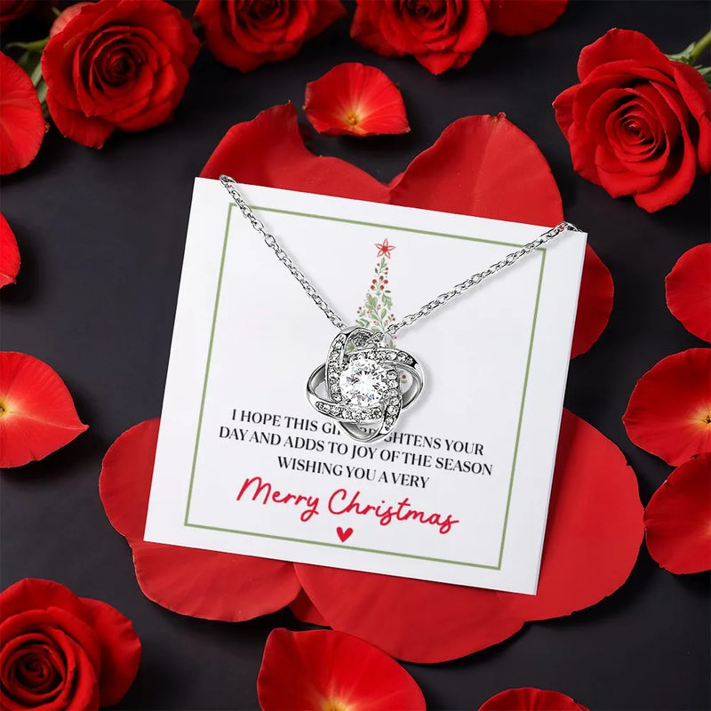 CZ Crystal Pendant Necklace, Love Knot Necklace, White Gold Finish Love Knot Jewelry, Romantic Present for Her, Christmas Love Knot Necklace
