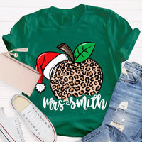 Custom Name Christmas T-Shirt, Personalized Leopard Santa Hat Shirt, Festive Holiday Graphic Tee, Comfy Xmas Present for Her, Adorable Top