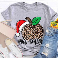 Custom Name Christmas T-Shirt, Personalized Leopard Santa Hat Shirt, Festive Holiday Graphic Tee, Comfy Xmas Present for Her, Adorable Top