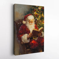 Vintage Oil Painting Reading by Christmas Tree Print, Santa Claus Canvas Wall Art, Festive Holiday Wall Decor, Nostalgic Xmas Canvas Present