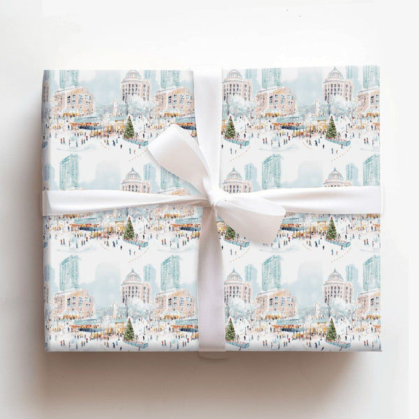 Winter Town Square Gift Wrap, Ice Skating City Wrapping Paper, Festive Christmas Tree Wrapping Paper, Holiday Season Wrapping