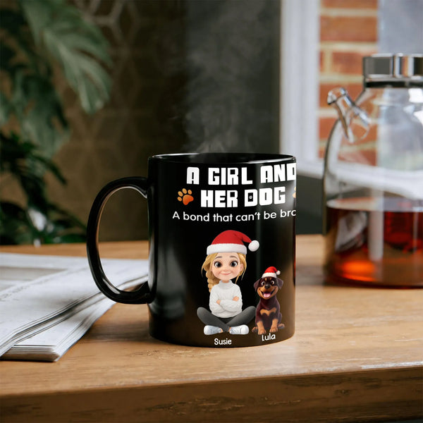 Girl and Dog in Santa Hats Ceramic Coffee Mug, Personalized Rottweiler Christmas Mug, Holiday Dog Mom Cup, Custom Pet Lovers 