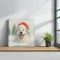 Watercolor Santa Hat Dog Square Canvas Print, Great Pyrenees Christmas Canvas, Adorable Winter Dog Wall Art, Stretched Holiday Canvas