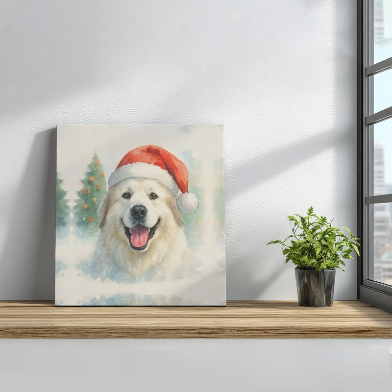 Watercolor Santa Hat Dog Square Canvas Print, Great Pyrenees Christmas Canvas, Adorable Winter Dog Wall Art, Stretched Holiday Canvas