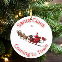 Festive Sleigh and Reindeer Christmas Ornament, Santa Claus Is Coming to Town Ornament, Holiday Tree Ceramic Ornament, Xmas Decor Present