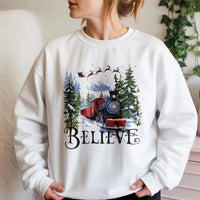 Retro Holiday Graphic Sweater, Believe Christmas Train Sweatshirt, Magical Winter Train Crewneck, Vintage Christmas Sweatshirt, Xmas Present