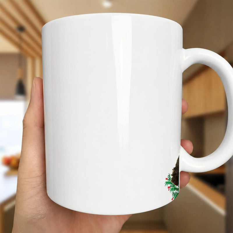 Festive Evergreen Red Ornaments Coffee Mug, Christmas Tree Mug, Holiday Winter Ceramic Cup, Comfy Christmas Season Tea Mug Present