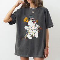 Festive Holiday Lights Shirt, Snowman Christmas Graphic T-Shirt, Adorable Winter Snowman Tee, Retro Xmas Cartoon Graphic T-Shirt Present