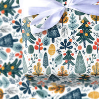 Modern Christmas Tree Gift Wrap, Folk Art Winter Forest Wrapping Paper, Colorful Holiday Present Paper, Illustrated Botanical Gift Wrap Roll