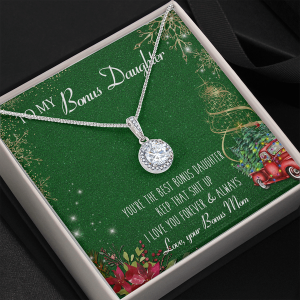 Christmas Greeting Card Pendant Necklace, Bonus Daughter Necklace Present, White Gold Stainless Steel Necklace, Stepdaughter 