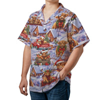 Snowy Winter Scene Shirt, Christmas Highland Cow Hawaiian Shirt, Rustic Farm Animal Aloha Shirt, Festive Holiday Beach Button Up Shirt