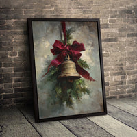 Oil Painting Style Pine Branches Wall Art, Vintage Christmas Bell Canvas Art, Red Bow Holiday Canvas Print