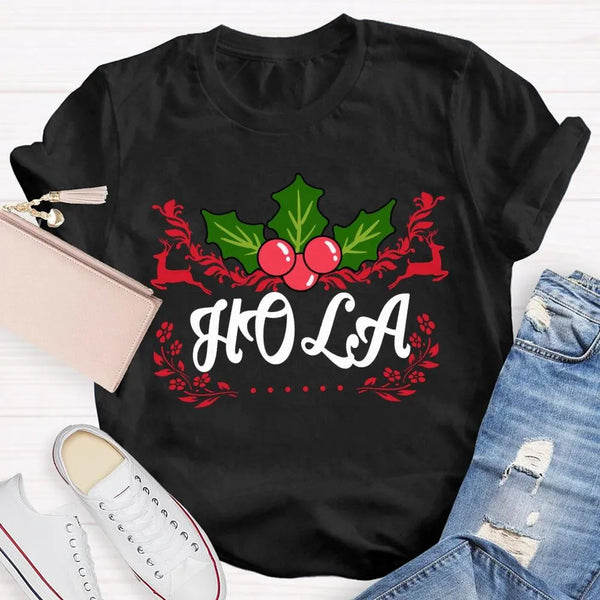 Festive Spanish Teacher Holiday Shirt, Hola Merry Christmas Elk Bilingual Teacher T-Shirt, Latinx Educator Graphic Tee