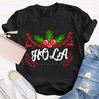 Festive Spanish Teacher Holiday Shirt, Hola Merry Christmas Elk Bilingual Teacher T-Shirt, Latinx Educator Graphic Tee