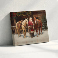 Western Christmas Wall Art, Cowboy Santa Canvas Print, Rustic Barn and Horses Canvas, Holiday Country Wall Decor, Western Holiday Art Present