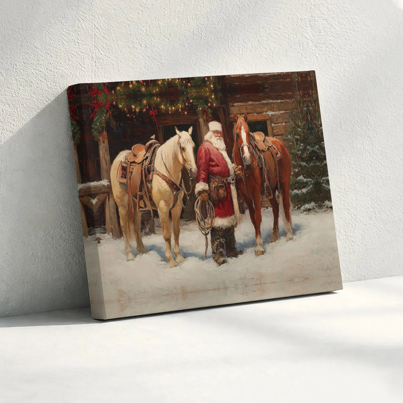 Western Christmas Wall Art, Cowboy Santa Canvas Print, Rustic Barn and Horses Canvas, Holiday Country Wall Decor, Western Holiday Art Present