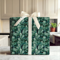 Evergreen Branch Gift Wrap, Watercolor Pine Needles Christmas Wrapping Paper, Rustic Botanical Wrapping Paper Roll, Holiday Present Wrap