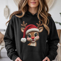 Faux Knit Red Nose Reindeer Hoodie, Reindeer Christmas Hoodie, Adorable Holiday Reindeer Graphic Hooded Sweatshirt, Xmas Present for Men and Women