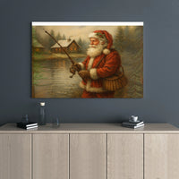 Rustic Log Cabin Christmas Canvas Art, Santa Claus Fishing Canvas, Winter Landscape Canvas Print, Holiday Wall Decor, Fisherman Xmas Present