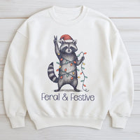 Humorous Woodland Animal Holiday Sweater, Feral and Festive Raccoon Christmas Sweatshirt, Retro Trash Panda Xmas Pullover Present