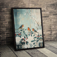 Snowy Holly Branch Christmas Painting, Winter Robin Canvas Wall Art, Festive Holiday Bird Canvas Print, Seasonal Xmas Decor Poster