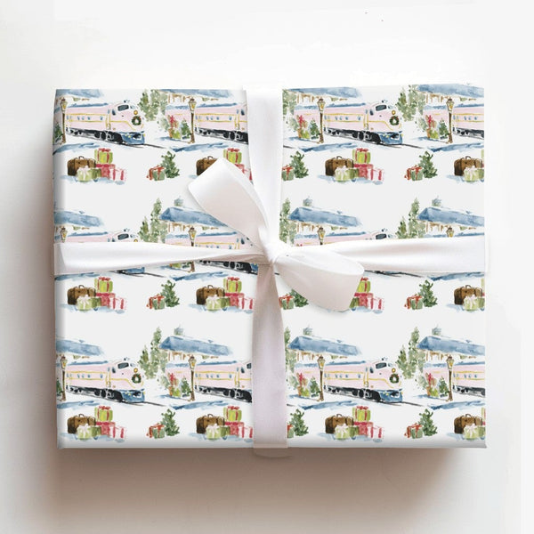 Watercolor Snowy Station Gift Wrap, Christmas Train Wrapping Paper, Vintage Holiday Train Wrapping Paper, Winter Gift Wrap, P