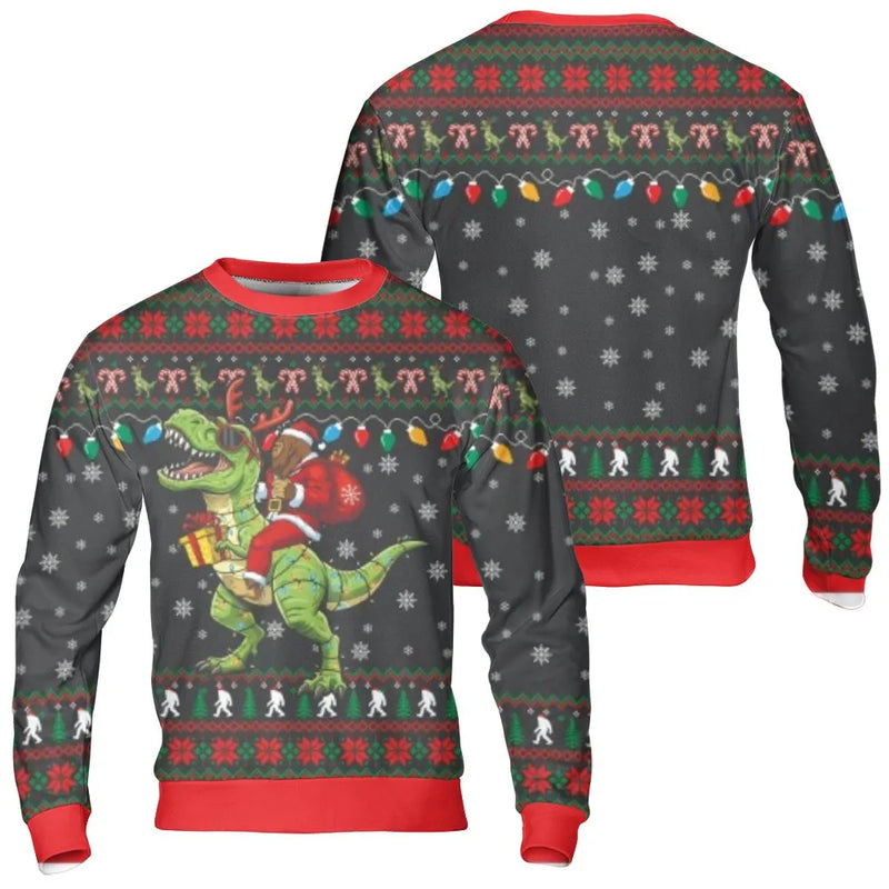 Humorous Sasquatch Dinosaur Holiday Sweater, Bigfoot Riding T-Rex Ugly Christmas Sweatshirt, Cryptid Xmas Crewneck, Humorous Pullover