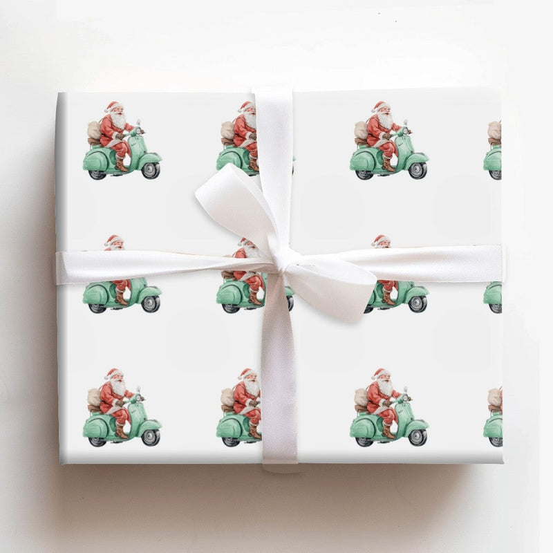 Mint Green Holiday Gift Wrap, Retro Santa Scooter Wrapping Paper, Adorable Christmas Wrapping Paper, Whimsical Winter Wrapping Paper Roll