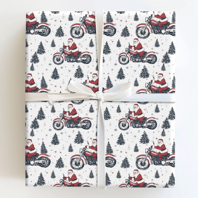 Pine Tree Biker Santa Gift Wrap, Red Motorcycle Santa Wrapping Paper, Festive Motorcycle Christmas Wrapping Paper, Biker Gift Wrap