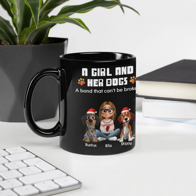 Girl and Her Dogs Santa Hat Coffee Mug, Custom Christmas Dog Mom Ceramic Mug, Adorable Pet Holiday Coffee Cup, Dog Lover Xmas Present
