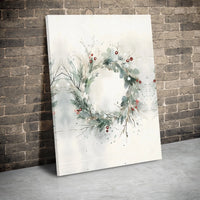 Pine Berry Holiday Canvas Print, Watercolor Christmas Wreath Canvas Wall Art, Minimalist Winter Botanical Canvas, Xmas Seasonal Home Decor