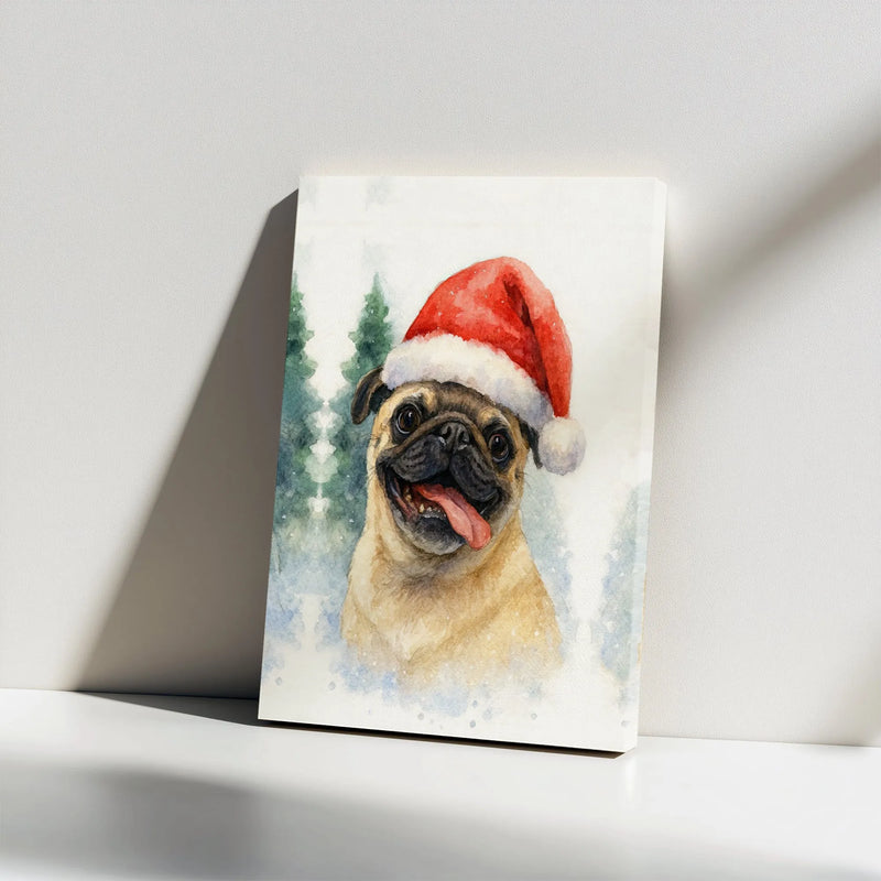 Santa Hat Pug Dog Poster, Christmas Pug Wall Art Printable, Watercolor Holiday Puppy Print Digital Download, Festive Pet Lover Present