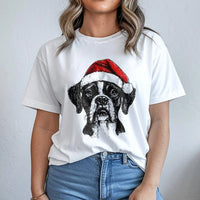 Festive Santa Hat Puppy Graphic Tee, Boxer Dog Christmas T-Shirt, Adorable Boxer Dog Lover Holiday Shirt, Pet Owner Christmas Apparel Top