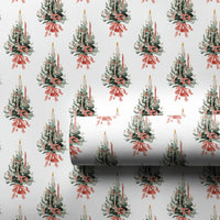 Candle and Red Bow Gift Wrap, Watercolor Christmas Tree Wrapping Paper, Vintage Evergreen Wrapping Paper, Holiday Season Present Paper Roll