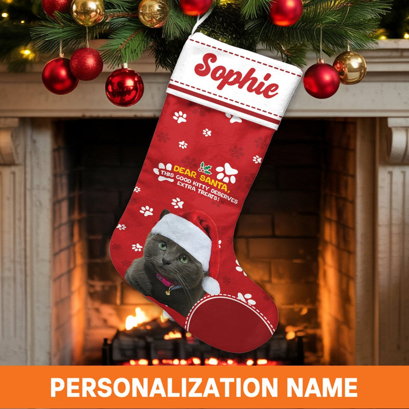Custom Photo Cat Holiday Stocking, Personalized Cat Christmas Stocking, Pet Lover Christmas Stocking, Adorable Kitten Fireplace Decor Present