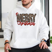 Festive Santa Hat Graphic Sweatshirt, Merry Christmas Leopard Print Hoodie, Adorable Cheetah Holiday Pullover, Winter Hooded Sweater