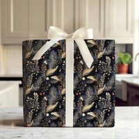 Elegant Winter Foliage Gift Wrap Paper, Navy and Gold Botanical Christmas Wrapping Paper, Luxury Holiday Present Wrapping Paper